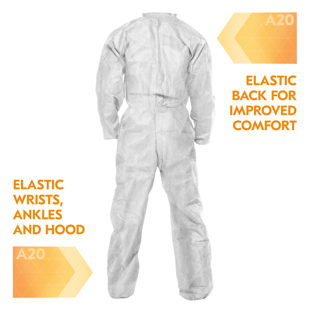 KleenGuard™ A20 Breathable Particle Protection Coveralls (37717), Zipper Front, Elastic Back, Wrists & Ankles, White, Reflex Design, XL (Qty 24) - 37717