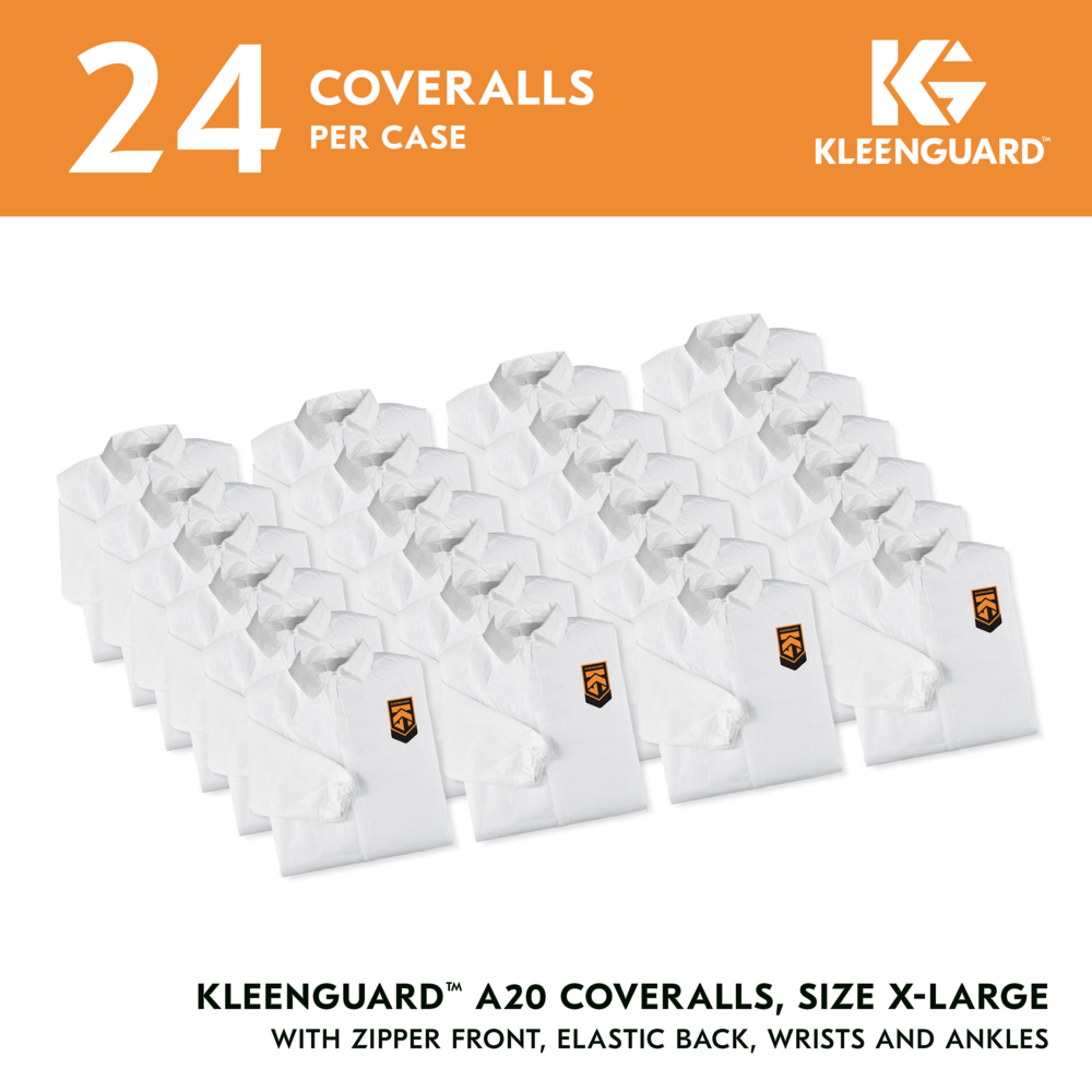 KleenGuard™ A20 Breathable Particle Protection Coveralls (37717), Zipper Front, Elastic Back, Wrists & Ankles, White, Reflex Design, XL (Qty 24) - 37717