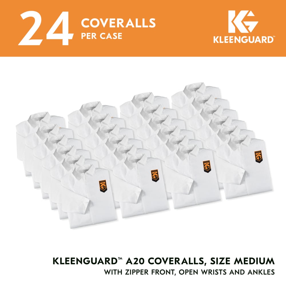 KleenGuard™ A20 Breathable Particle Protection Coveralls (49002), Zipper Front, White, Reflex Design, Medium (Qty 24) - 49002
