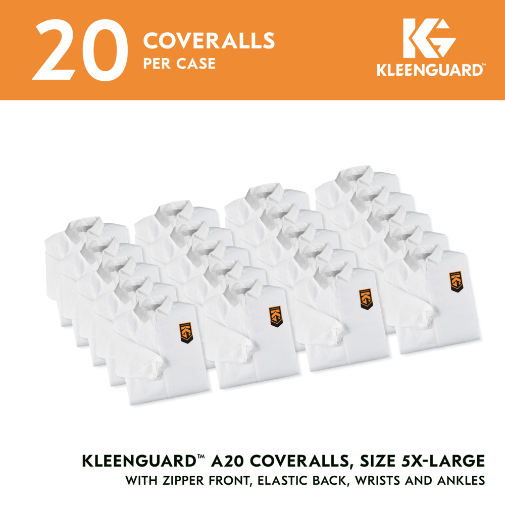 KleenGuard™ A20 Breathable Particle Protection Coveralls (43174), Zipper Front, Elastic Back, Wrists & Ankles, White, Reflex Design, 5XL (Qty 20) - 43174