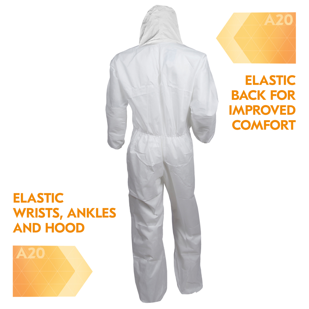 KleenGuard™ A20 Breathable Particle Protection Coveralls (43173), Zipper Front, Elastic Back, Wrists, Ankles & Hood, White, Reflex Design, 4XL (Qty 20) - 43173