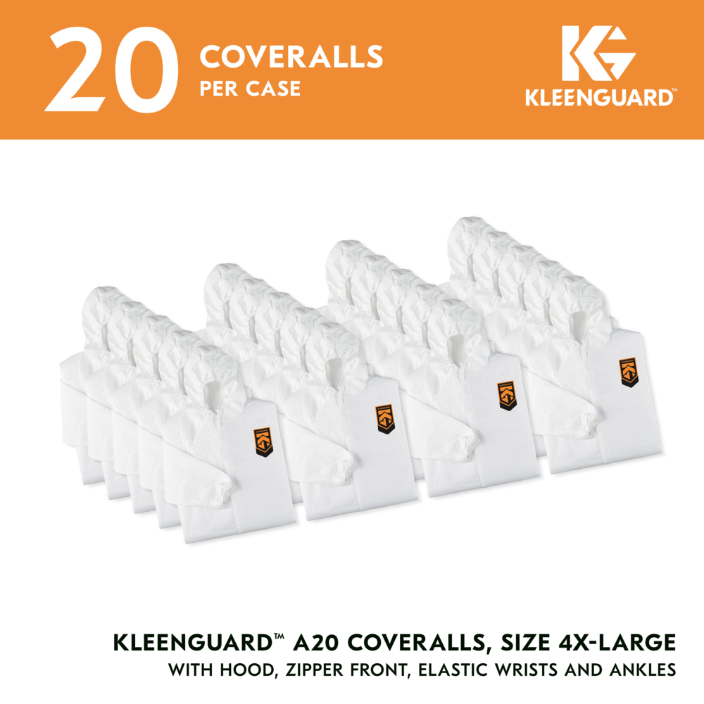 KleenGuard™ A20 Breathable Particle Protection Coveralls (43173), Zipper Front, Elastic Back, Wrists, Ankles & Hood, White, Reflex Design, 4XL (Qty 20) - 43173