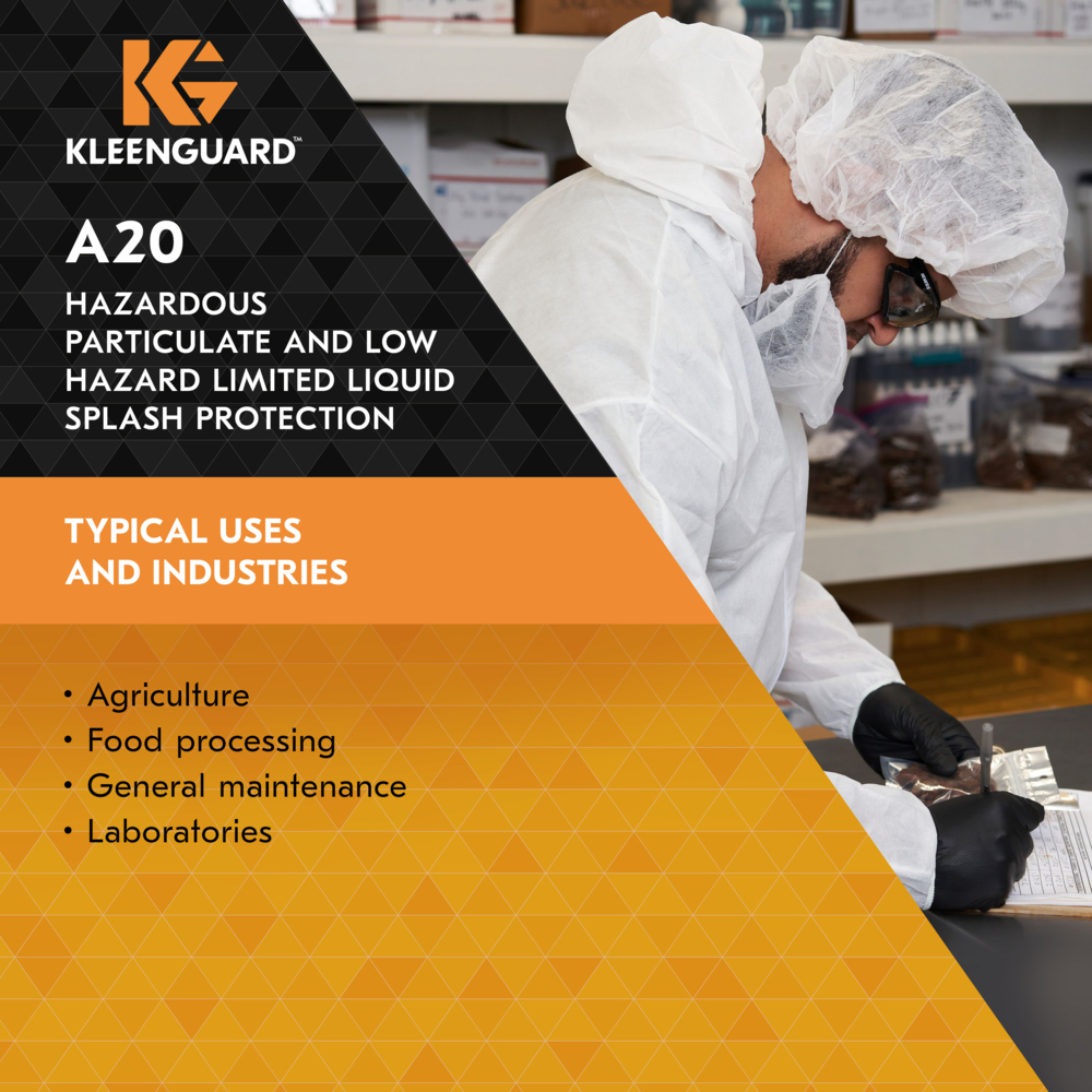 KleenGuard™ A20 Breathable Particle Protection Coveralls (43173), Zipper Front, Elastic Back, Wrists, Ankles & Hood, White, Reflex Design, 4XL (Qty 20) - 43173