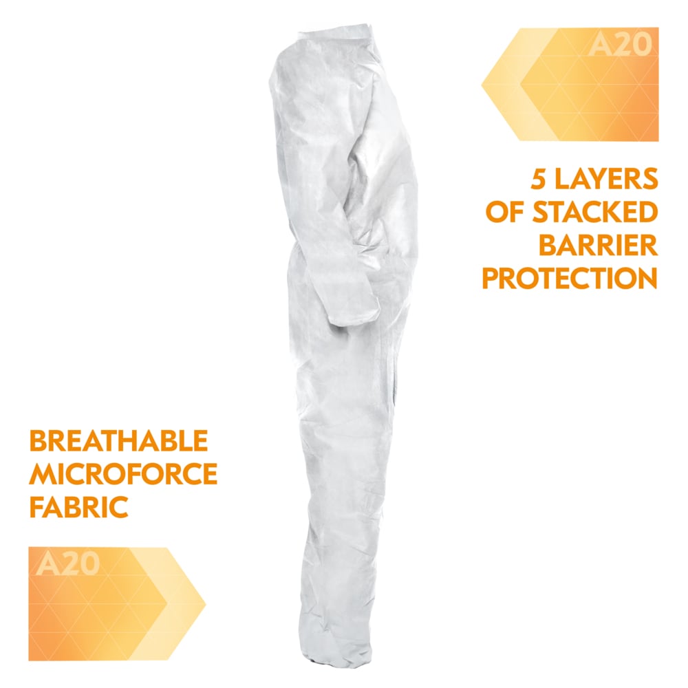 KleenGuard™ A20 Breathable Particle Protection Coveralls (49004), Zipper Front, White, Reflex Design, XL (Qty 24) - 49004