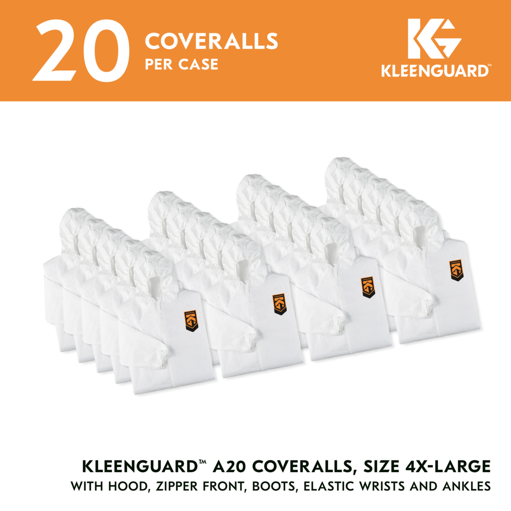 KleenGuard™ A20 Breathable Particle Protection Coveralls (49127), Zipper Front, Elastic Back, Wrists, Ankles, Hood & Boots, White, Reflex Design, 4XL (Qty 20) - 49127