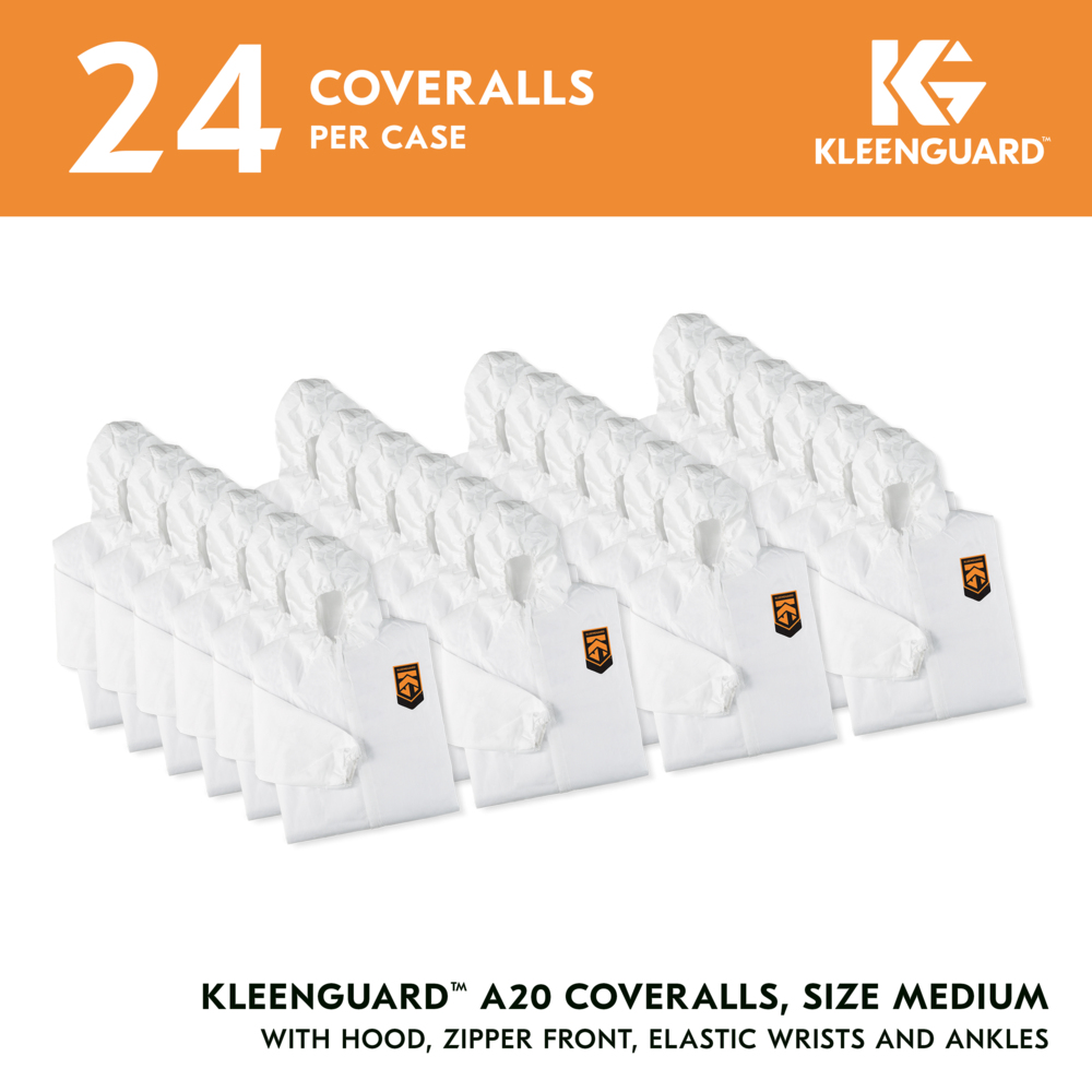 KleenGuard™ A20 Breathable Particle Protection Coveralls (49112), Zipper Front, Elastic Back, Wrists, Ankles & Hood, White, Reflex Design, Medium (Qty 24) - 49112