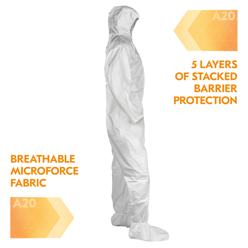 KleenGuard™ A20 Breathable Particle Protection Coveralls (49124), Zipper Front, Elastic Back, Wrists, Ankles, Hood & Boots, White, Reflex Design, XL (Qty 24) - 49124