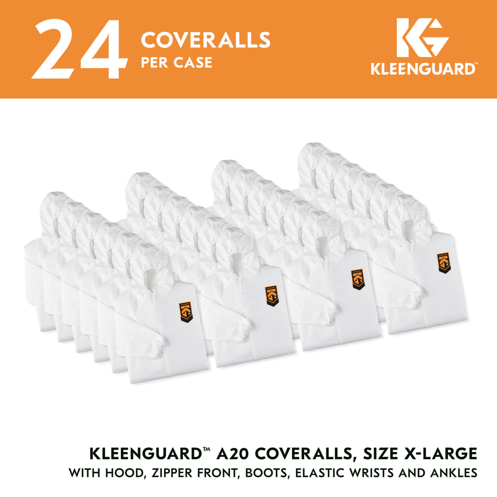 KleenGuard™ A20 Breathable Particle Protection Coveralls (49124), Zipper Front, Elastic Back, Wrists, Ankles, Hood & Boots, White, Reflex Design, XL (Qty 24) - 49124