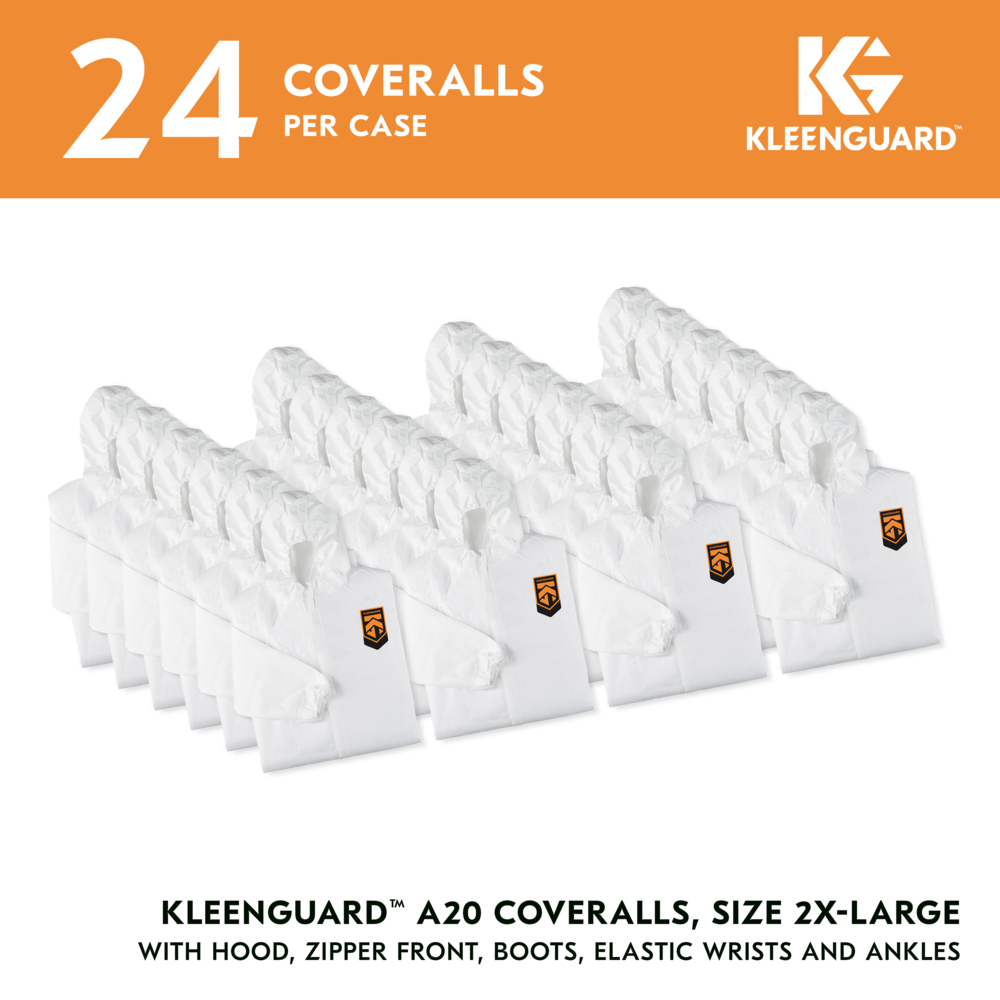 KleenGuard™ A20 Breathable Particle Protection Coveralls (49125), Zipper Front, Elastic Back, Wrists, Ankles, Hood & Boots, White, Reflex Design, 2XL (Qty 24) - 49125