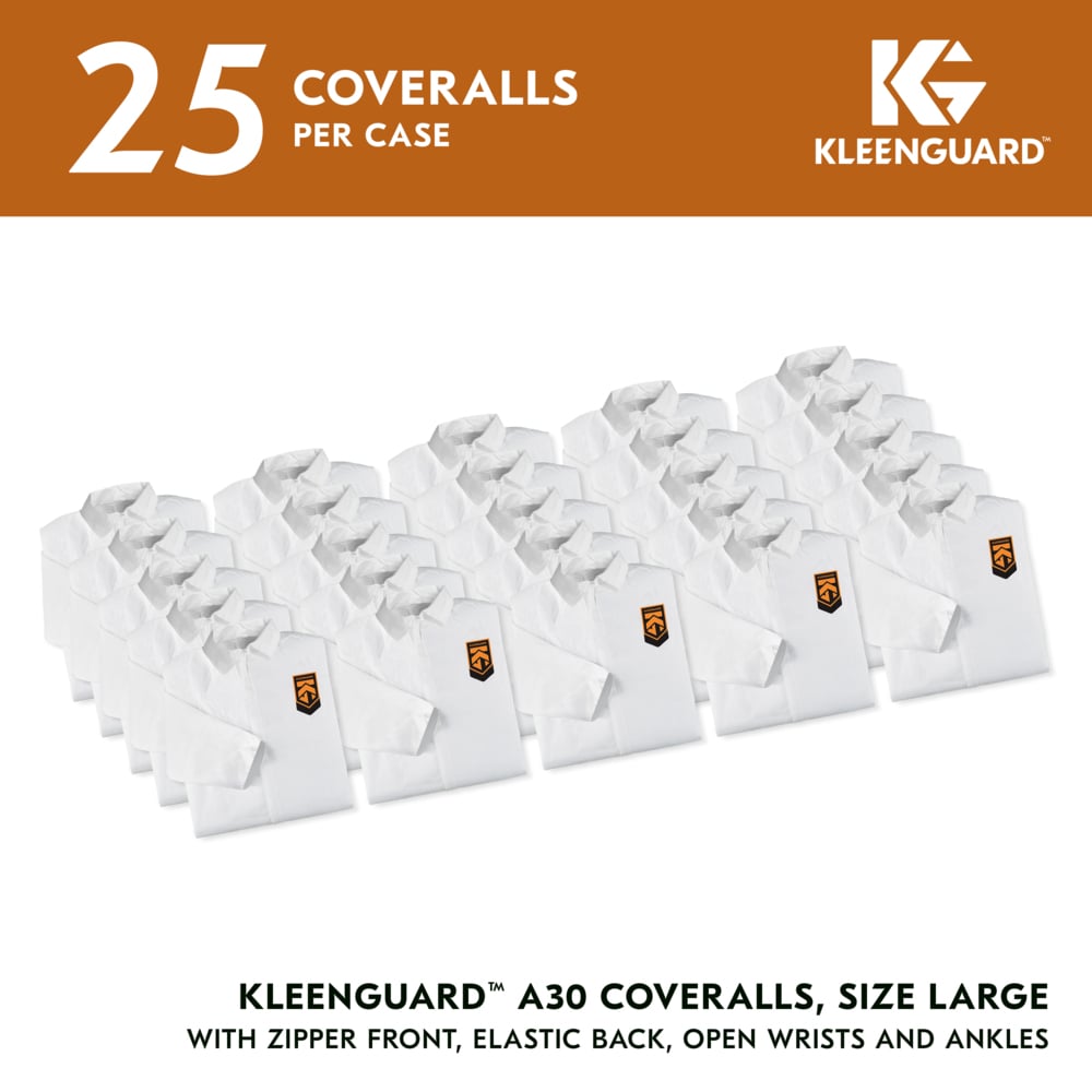 KleenGuard™ A30 Breathable Splash & Particle Protection Coveralls (46003), Zipper Front with Elastic Back, White, Reflex Design, Large (Qty 25) - 46003