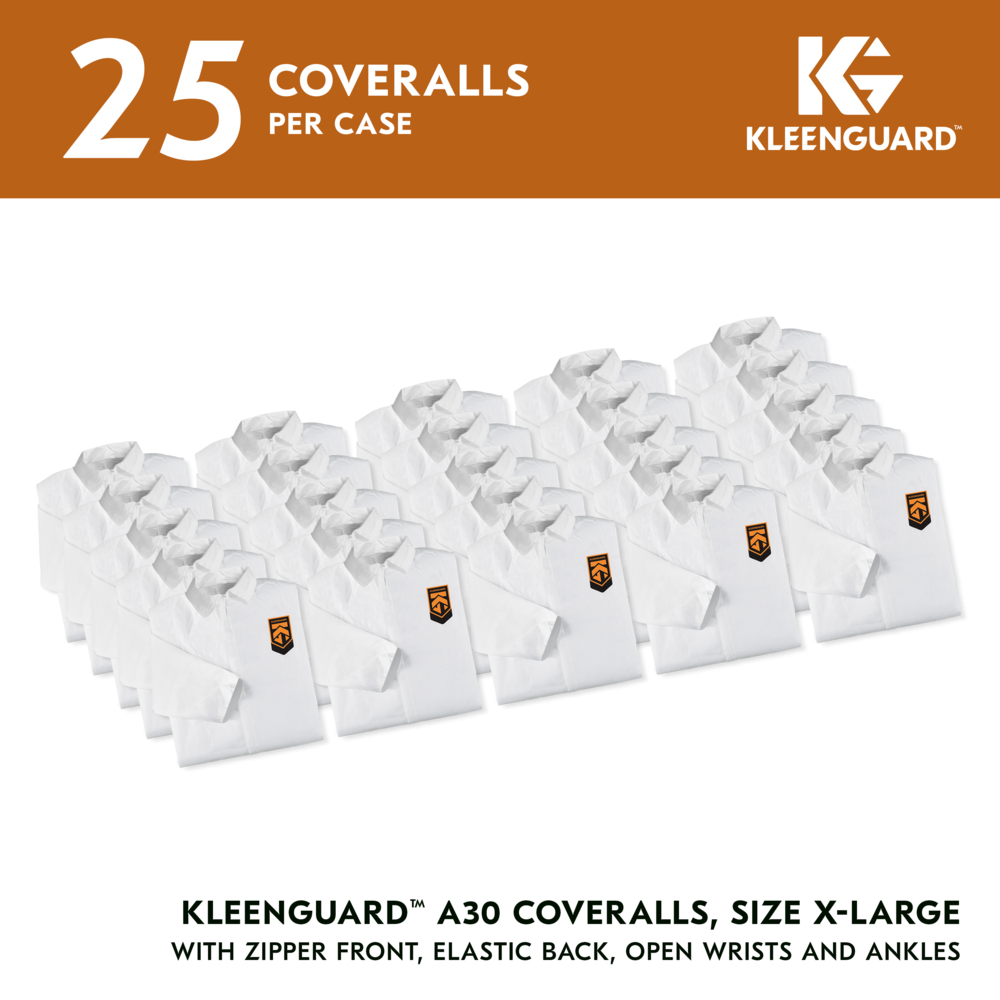 KleenGuard™ A30 Breathable Splash & Particle Protection Coveralls (46004), Zipper Front with Elastic Back, White, Reflex Design, XL (Qty 25) - 46004