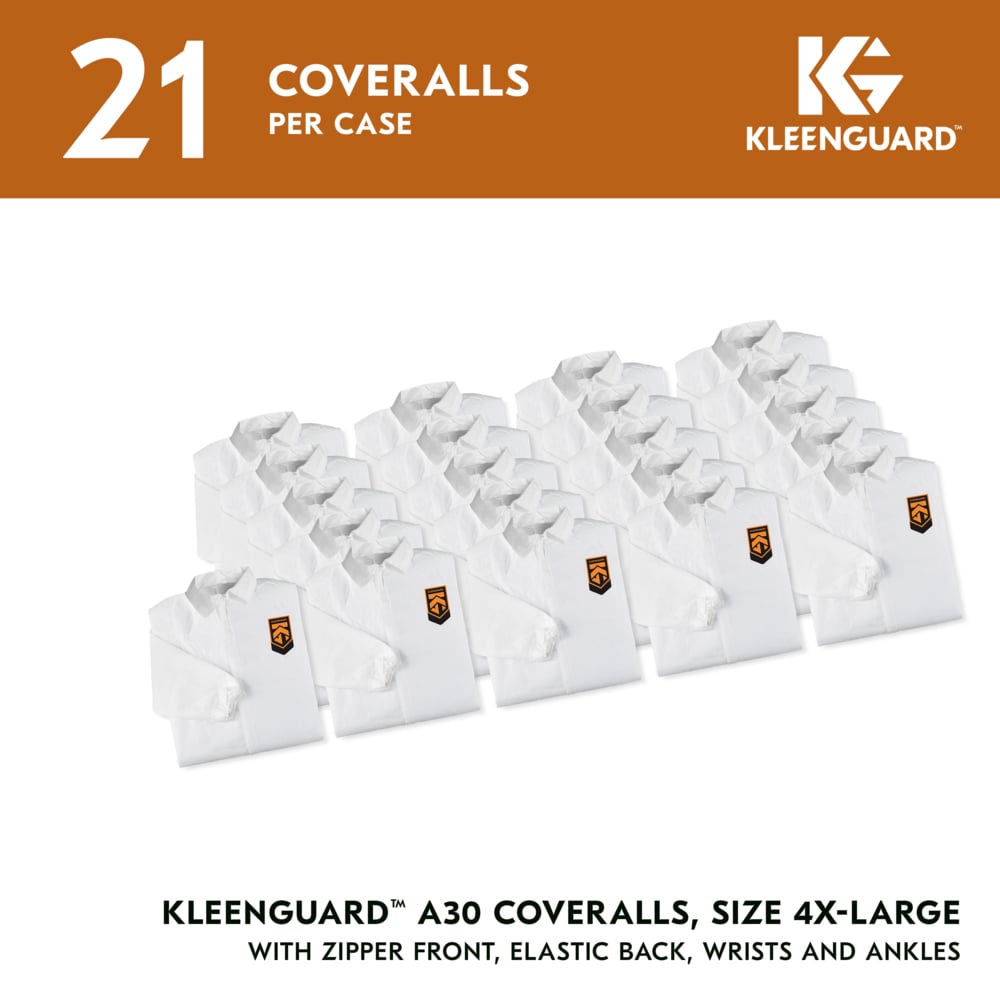 KleenGuard™ A30 Breathable Splash & Particle Protection Coveralls (46107), Zipper Front, Elastic Back, Wrists & Ankles, White, Reflex Design, 4XL (Qty 21) - 46107