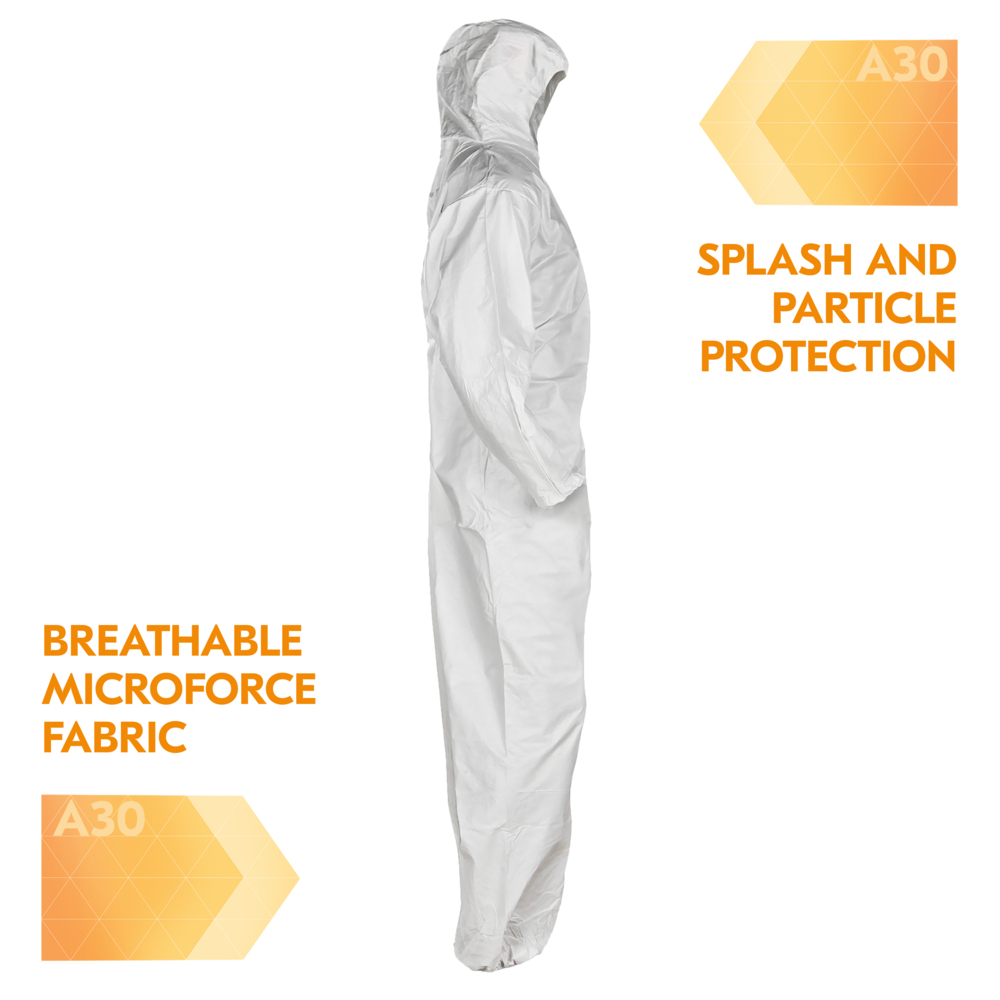 KleenGuard™ A30 Breathable Splash & Particle Protection Coveralls (46113), Zipper Front, Elastic Back, Wrists, Ankles & Hood, White, Reflex Design, Large (Qty 25) - 46113