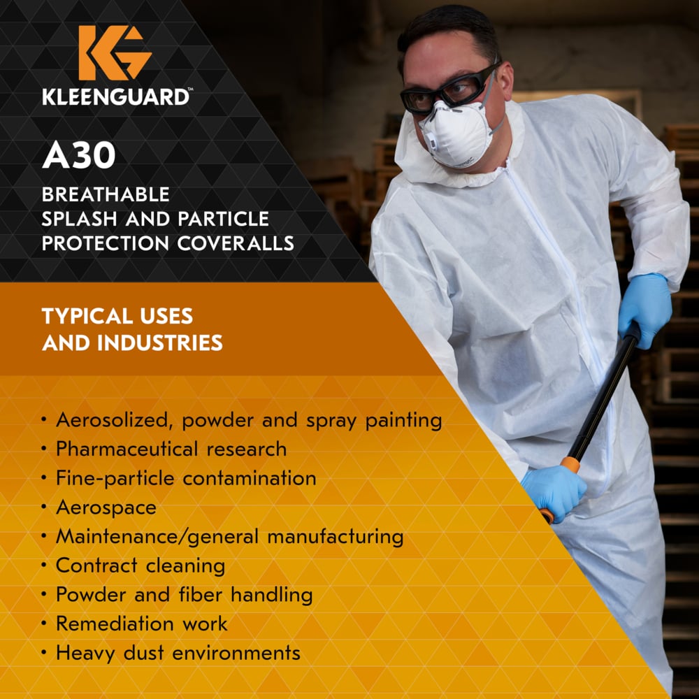 KleenGuard™ A30 Breathable Splash & Particle Protection Coveralls (46114), Zipper Front, Elastic Back, Wrists, Ankles & Hood, White, Reflex Design, XL (Qty 25) - 46114
