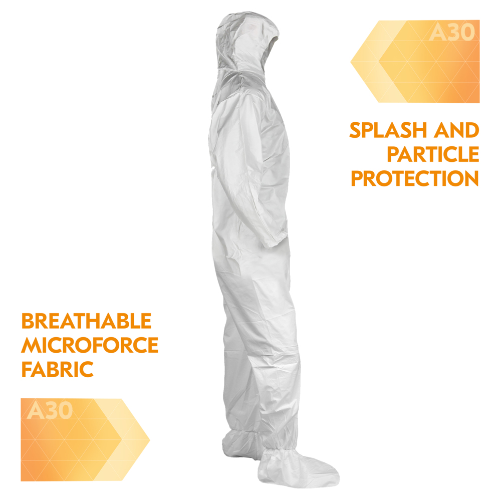 KleenGuard™ A30 Breathable Splash & Particle Protection Coveralls (46122), Zipper Front, Elastic Back, Wrists, Ankles, Hood & Boots, White, Reflex Design, Medium (Qty 25) - 46122