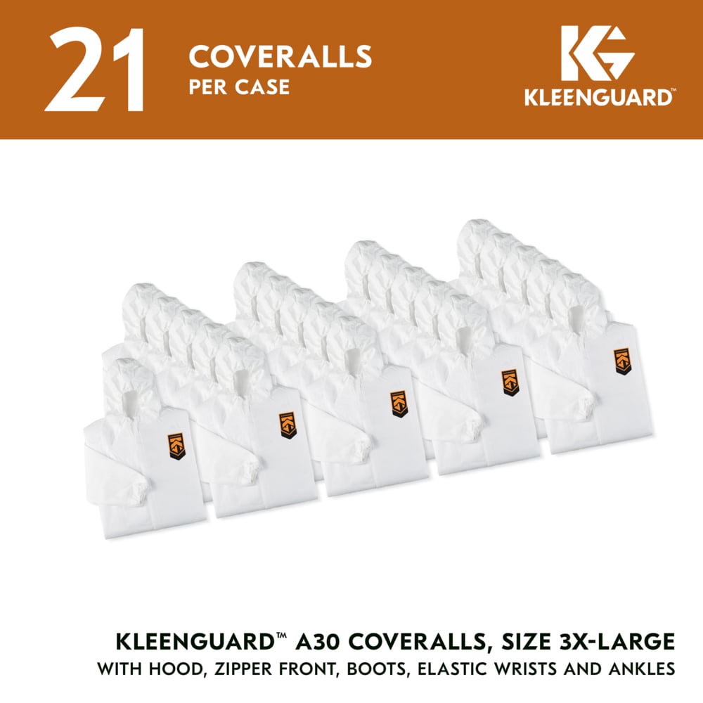 KleenGuard™ A30 Breathable Splash & Particle Protection Coveralls (46126), Zipper Front, Elastic Back, Wrists, Ankles, Hood & Boots, White, Reflex Design, 3XL (Qty 21) - 46126