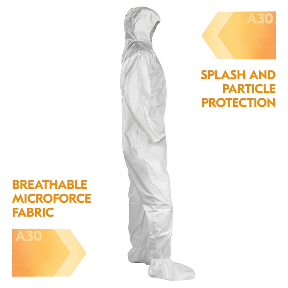 KleenGuard™ A30 Breathable Splash & Particle Protection Coveralls (46123), Zipper Front, Elastic Back, Wrists, Ankles, Hood & Boots, White, Reflex Design, Large (Qty 25) - 46123