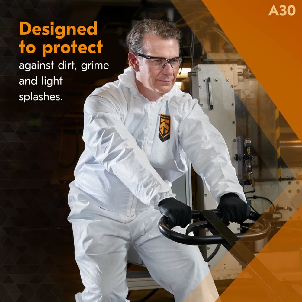 KleenGuard™ A30 Breathable Splash & Particle Protection Coveralls (46126), Zipper Front, Elastic Back, Wrists, Ankles, Hood & Boots, White, Reflex Design, 3XL (Qty 21) - 46126