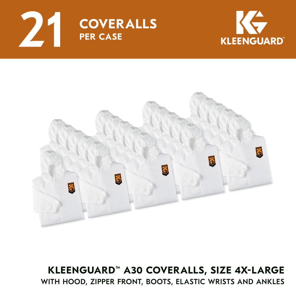 KleenGuard™ A30 Breathable Splash & Particle Protection Coveralls (46127), Zipper Front, Elastic Back, Wrists, Ankles, Hood & Boots, White, Reflex Design, 4XL (Qty 21) - 46127