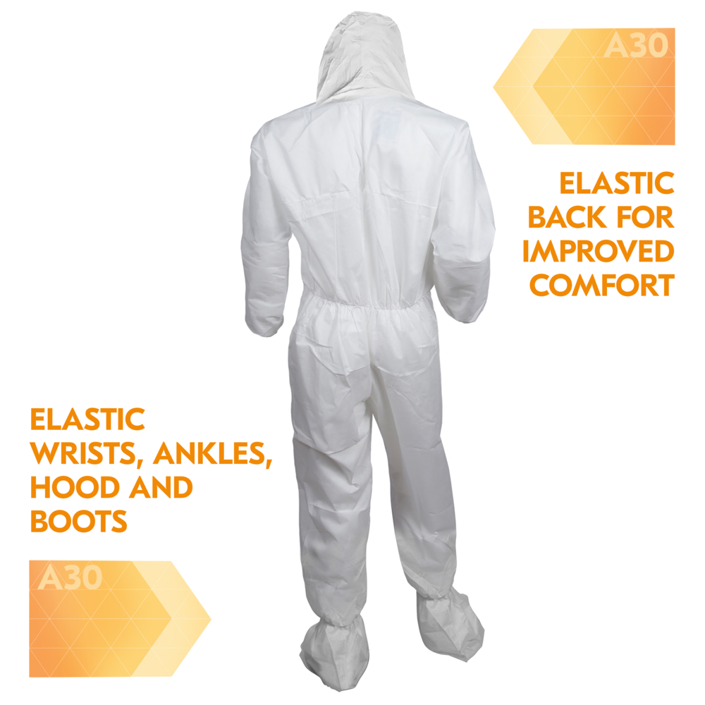 KleenGuard™ A30 Breathable Splash & Particle Protection Coveralls (46127), Zipper Front, Elastic Back, Wrists, Ankles, Hood & Boots, White, Reflex Design, 4XL (Qty 21) - 46127