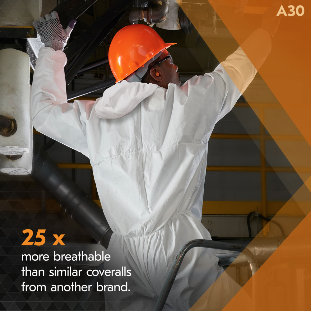 KleenGuard™ A30 Breathable Splash & Particle Protection Coveralls (46127), Zipper Front, Elastic Back, Wrists, Ankles, Hood & Boots, White, Reflex Design, 4XL (Qty 21) - 46127