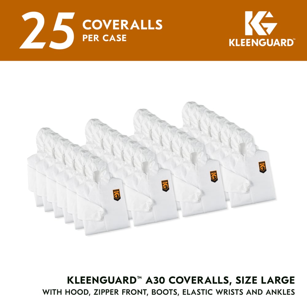 KleenGuard™ A30 Breathable Splash & Particle Protection Coveralls (46123), Zipper Front, Elastic Back, Wrists, Ankles, Hood & Boots, White, Reflex Design, Large (Qty 25) - 46123