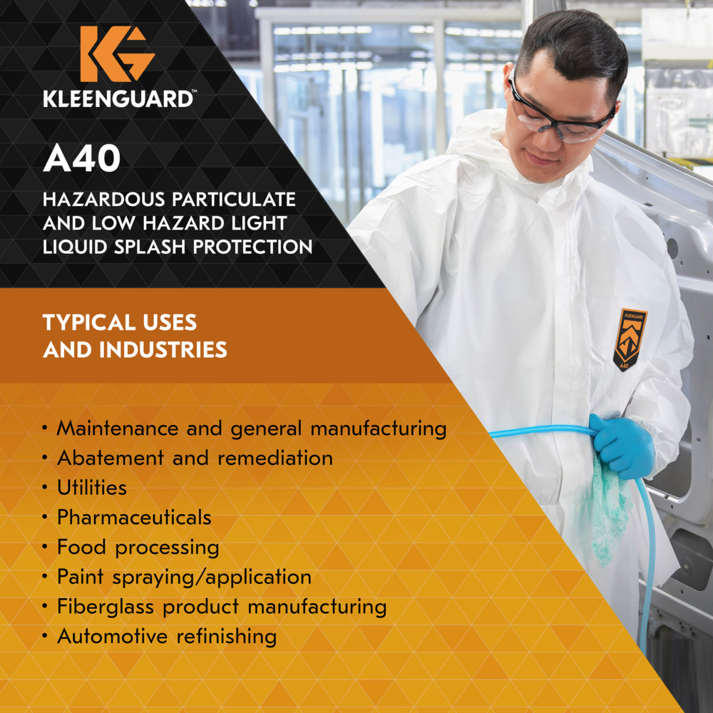 KleenGuard™ A40 Liquid & Particle Protection Coveralls (27158), Zipper Front, Elastic Wrists, Ankles & Hood, White, Reflex Design, 5XL (Qty 25) - 27158