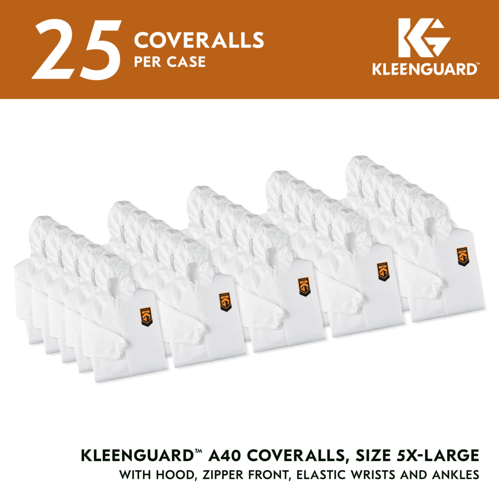 KleenGuard™ A40 Liquid & Particle Protection Coveralls (27158), Zipper Front, Elastic Wrists, Ankles & Hood, White, Reflex Design, 5XL (Qty 25) - 27158