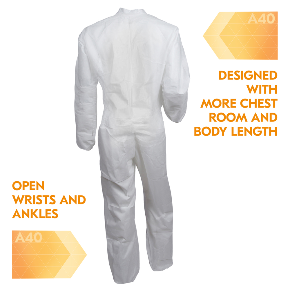 KleenGuard™ A40 Liquid & Particle Protection Coveralls (37686), Zipper Front, White, Reflex Design, XL (Qty 25) - 37686