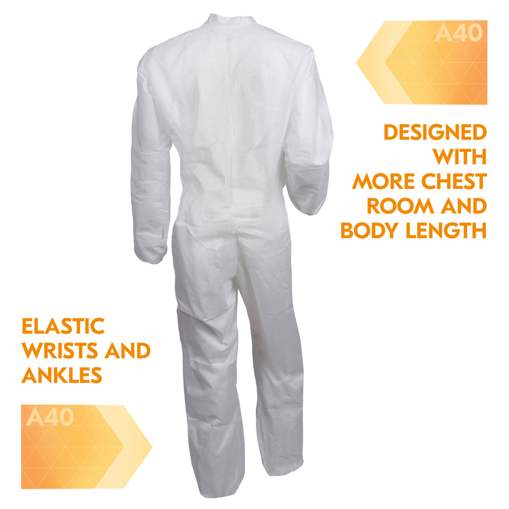 KleenGuard™ A40 Liquid & Particle Protection Coveralls (44314), Zipper Front, Elastic Wrists & Ankles, White, Reflex Design, XL (Qty 25) KleenGuard™ A40 Liquid & Particle Protection Coveralls (44314), Zipper Front, Elastic Wrists & Ankles, White, Reflex Design, XL (Qty 25)