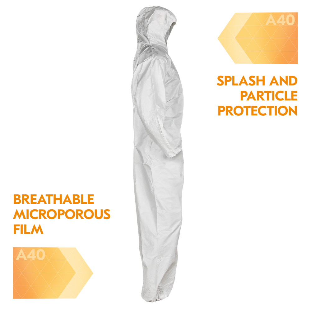 KleenGuard™ A40 Liquid & Particle Protection Coveralls (44324), Zipper Front, Elastic Wrists, Ankles & Hood, White, Reflex Design, XL (Qty 25) KleenGuard™ A40 Liquid & Particle Protection Coveralls (44324), Zipper Front, Elastic Wrists, Ankles & Hood, White, Reflex Design, XL (Qty 25)