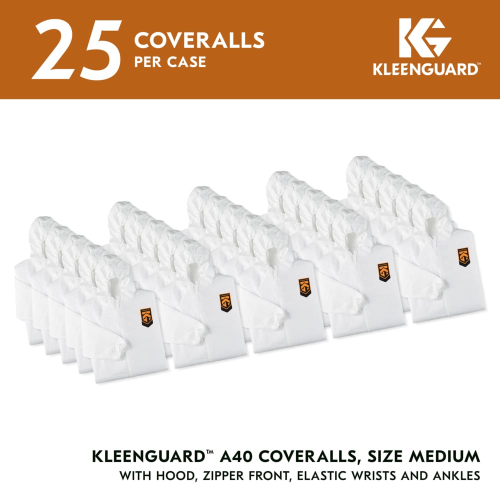 KleenGuard™ A40 Liquid & Particle Protection Coveralls (44322), Zipper Front, Elastic Wrists, Ankles & Hood, White, Reflex Design, Medium (Qty 25) - 44322