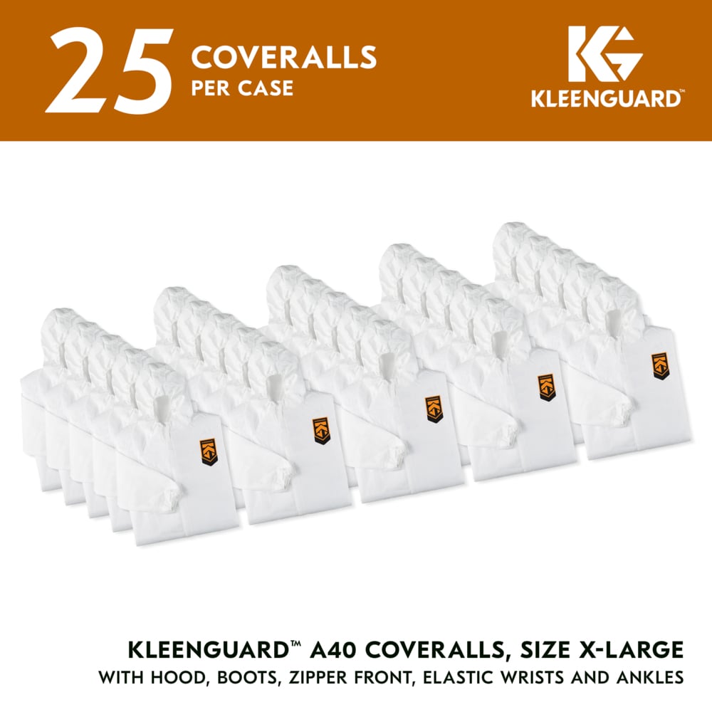 KleenGuard™ A40 Liquid & Particle Protection Coveralls (44334), Zipper Front, Elastic Wrists, Ankles, Hood & Boots, White, Reflex Design, XL (Qty 25) - 44334