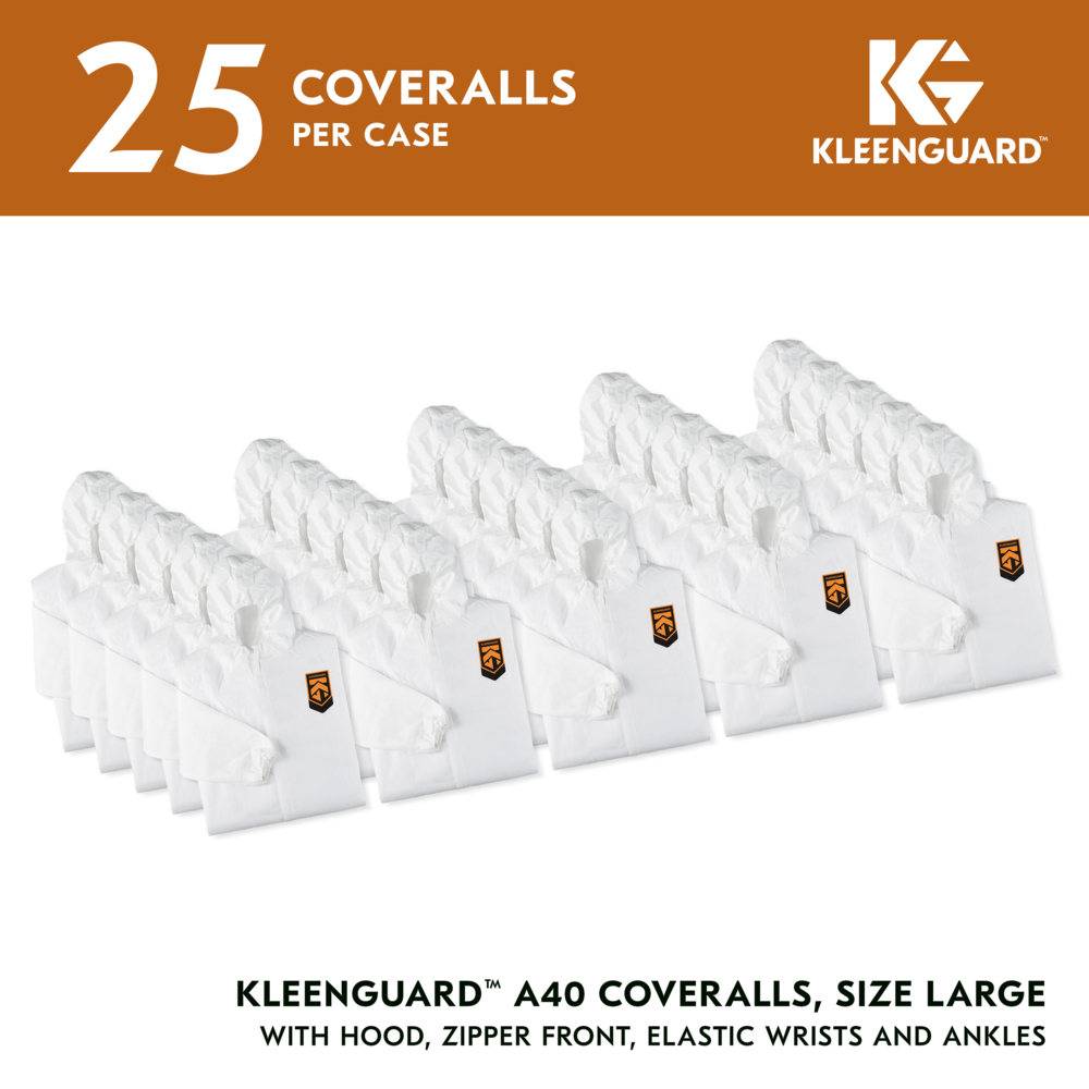 KleenGuard™ A40 Liquid & Particle Protection Coveralls (44323), Zipper Front, Elastic Wrists, Ankles & Hood, White, Reflex Design, Large (Qty 25) - 44323