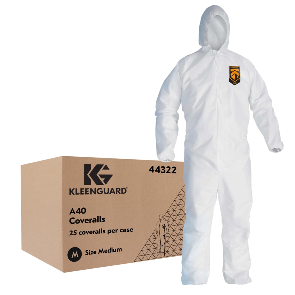 KleenGuard™ A40 Liquid & Particle Protection Coveralls (44322), Zipper Front, Elastic Wrists, Ankles & Hood, White, Reflex Design, Medium (Qty 25) - 44322