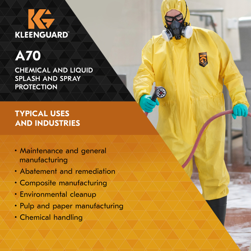 KleenGuard™ A70 Chemical Spray Protection Coveralls (00686), Zipper Front, Storm Flap, Elastic Wrists, Ankles, Hood & Boots, Yellow, Reflex Design, 3XL (Qty 12) - 00686