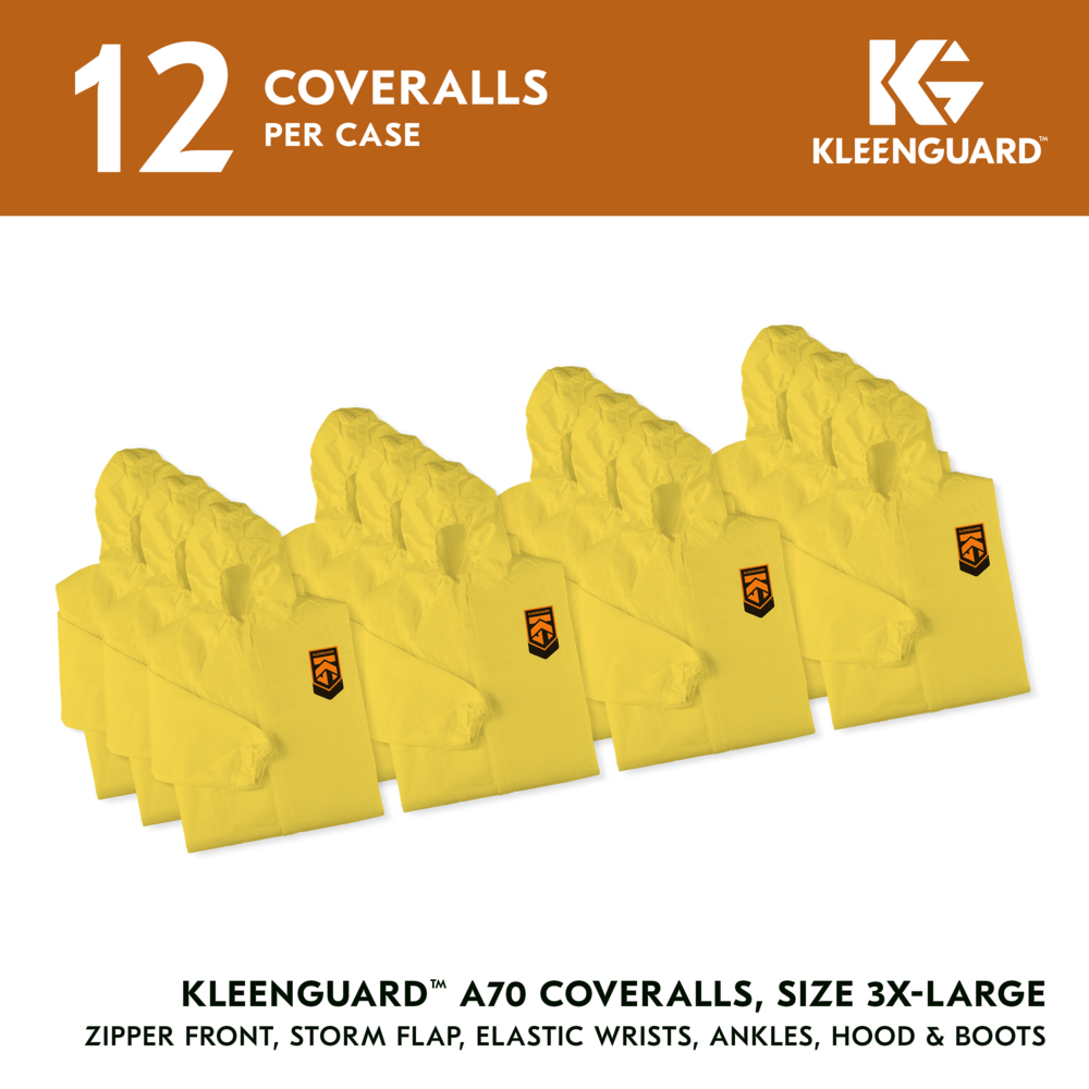 KleenGuard™ A70 Chemical Spray Protection Coveralls (00686), Zipper Front, Storm Flap, Elastic Wrists, Ankles, Hood & Boots, Yellow, Reflex Design, 3XL (Qty 12) - 00686