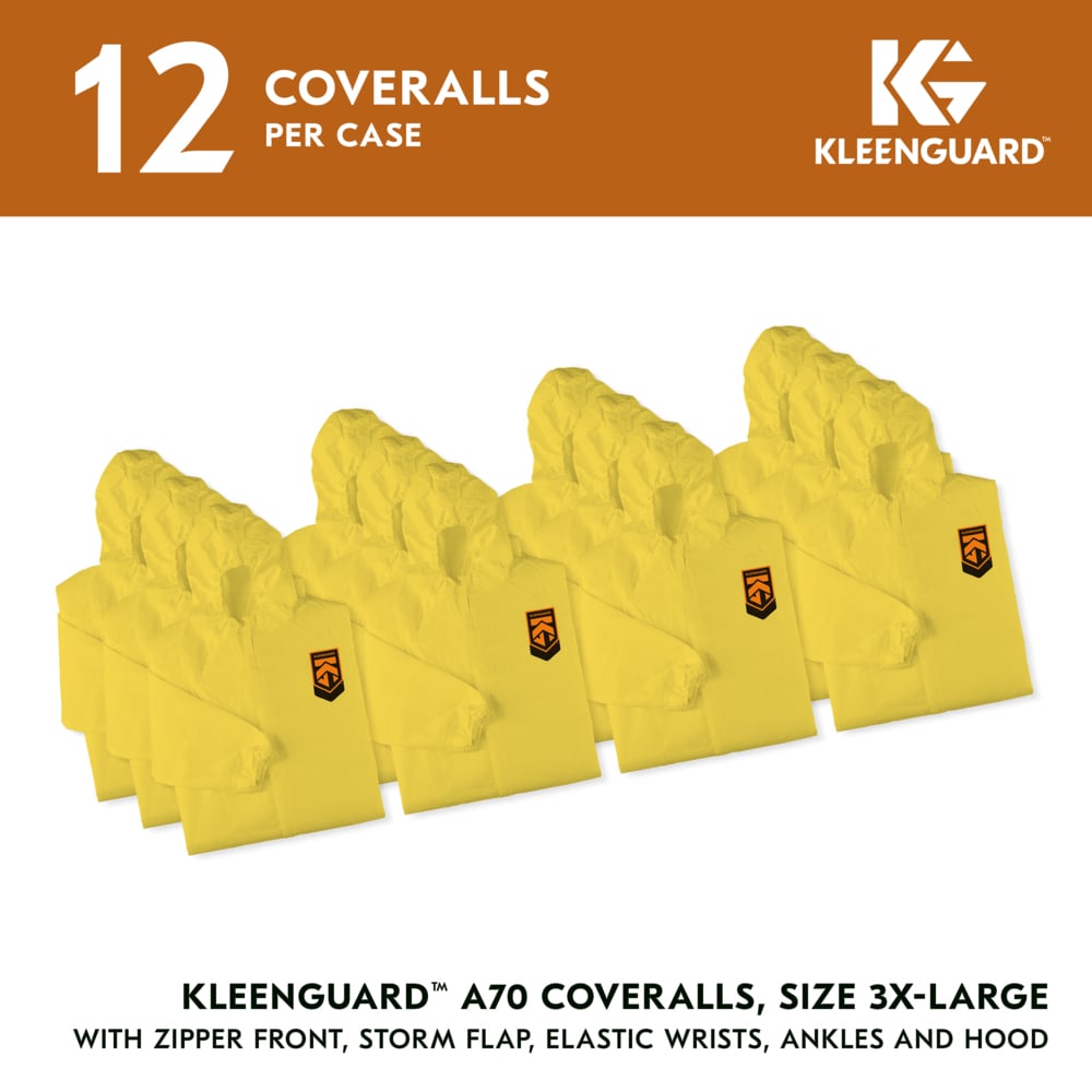 KleenGuard™ A70 Chemical Spray Protection Coveralls (09816), Zipper Front, Storm Flap, Elastic Wrists, Ankles & Hood, Yellow, Reflex Design, 3XL (Qty 12) - 09816