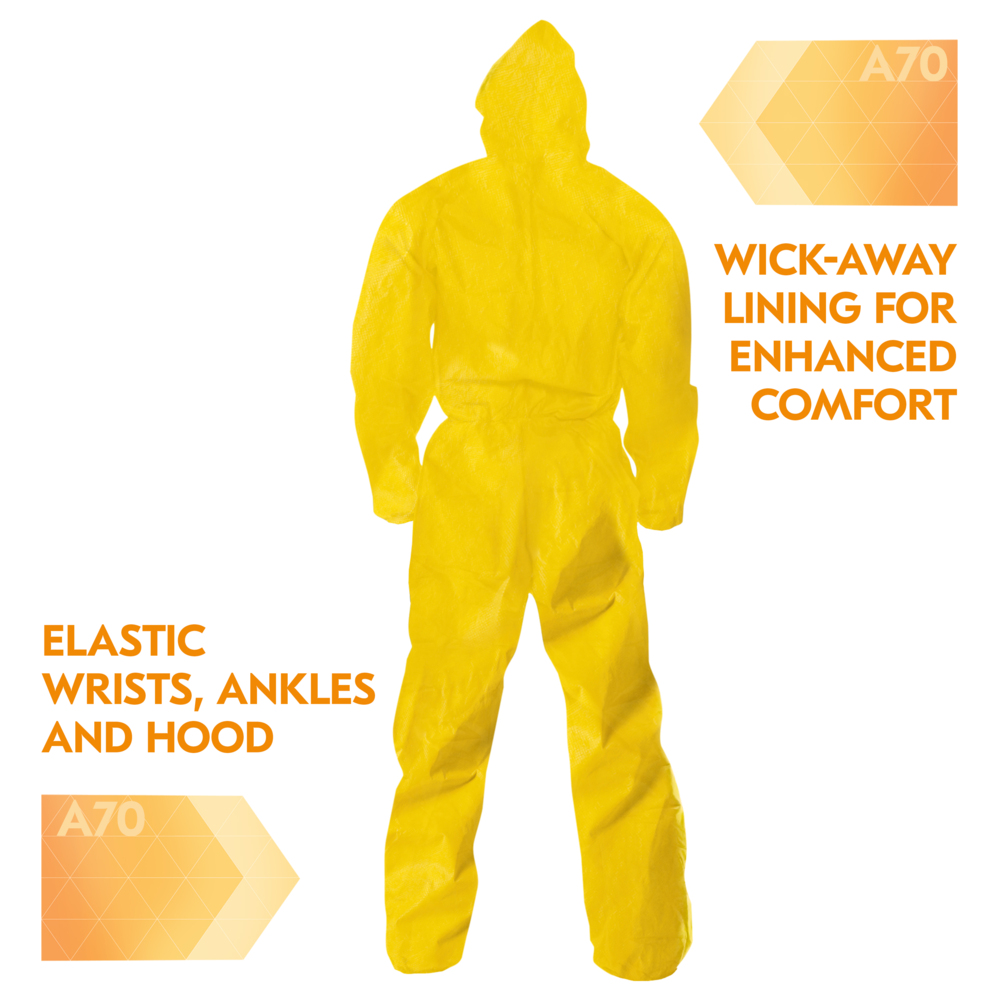 KleenGuard™ A70 Chemical Spray Protection Coveralls (09816), Zipper Front, Storm Flap, Elastic Wrists, Ankles & Hood, Yellow, Reflex Design, 3XL (Qty 12) - 09816