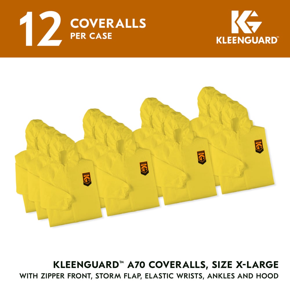 KleenGuard™ A70 Chemical Spray Protection Coveralls (09814), Zipper Front, Storm Flap, Elastic Wrists, Ankles & Hood, Yellow, Reflex Design, XL (Qty 12) - 09814