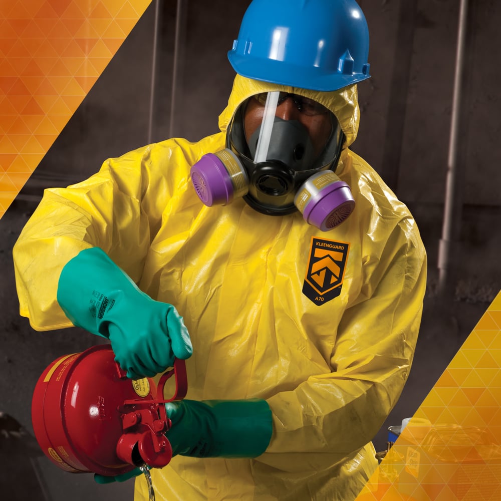KleenGuard™ A70 Chemical Spray Protection Coveralls (09816), Zipper Front, Storm Flap, Elastic Wrists, Ankles & Hood, Yellow, Reflex Design, 3XL (Qty 12) - 09816