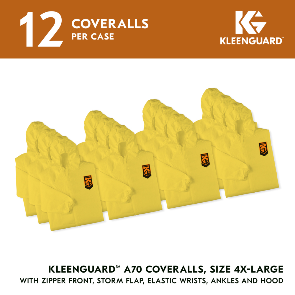 KleenGuard™ A70 Chemical Spray Protection Coveralls (09817), Zipper Front, Storm Flap, Elastic Wrists, Ankles & Hood, Yellow, Reflex Design, 4XL (Qty 12) - 09817