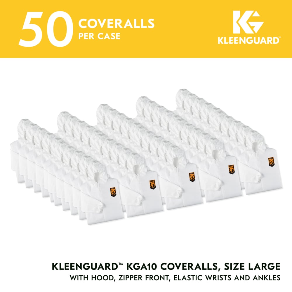 KleenGuard™ KGA10 Lightweight Coveralls for Non-Hazardous Particulate Protection (67310), Zipper Front, Elastic Wrists, Elastic Ankles & Hood, White, XL (Qty 50) - 67310