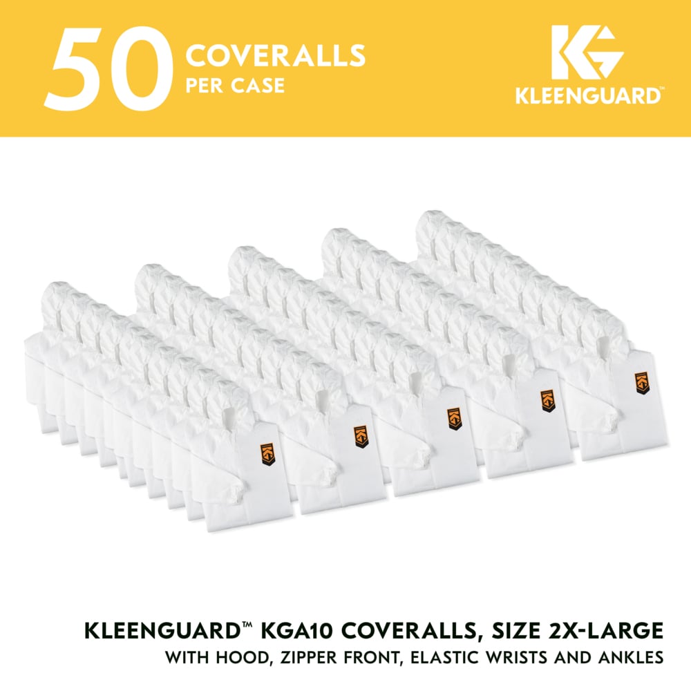 KleenGuard™ KGA10 Lightweight Coveralls for Non-Hazardous Particulate Protection (67311), Zipper Front, Elastic Wrists, Elastic Ankles & Hood, White, 2XL (Qty 50) - 67311