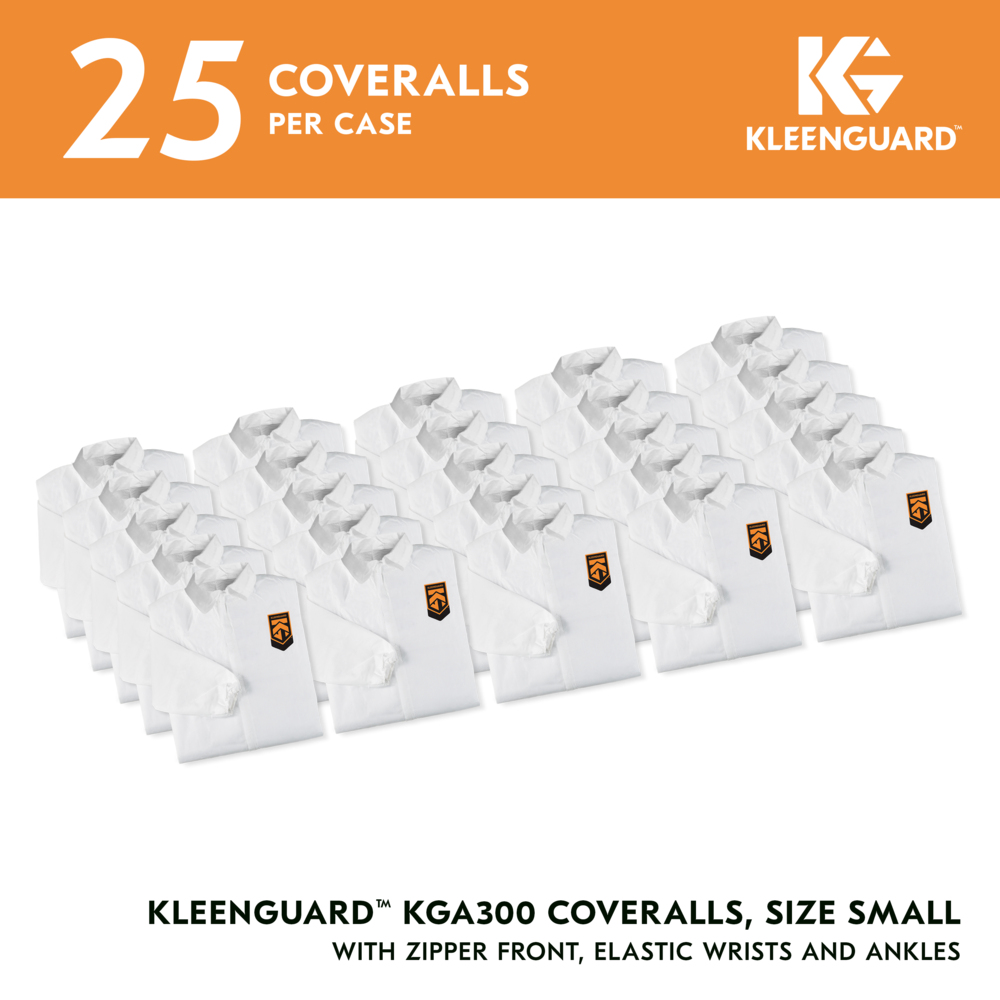 KleenGuard™ KGA300 Liquid & Particle Surface Prep & Paint Protection Coveralls (41491), Zipper Front, Elastic Wrists & Ankles, White, Reflex Design, Small (Qty 25) - 41491