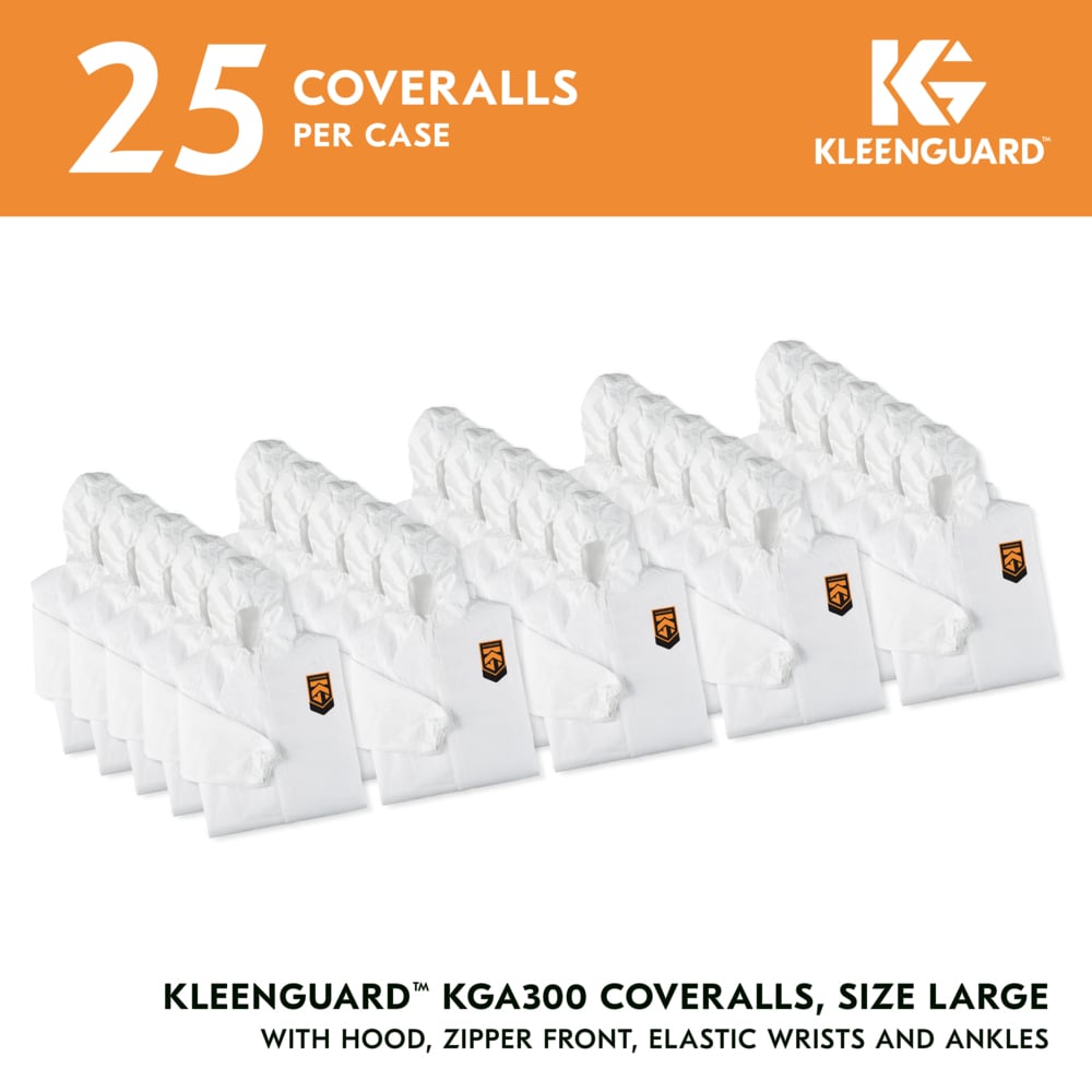 KleenGuard™ KGA300 Liquid & Particle Surface Prep & Paint Protection Coveralls (41505), Zipper Front, Elastic Wrists, Ankles & Hood, White, Reflex Design, Large (Qty 25) - 41505