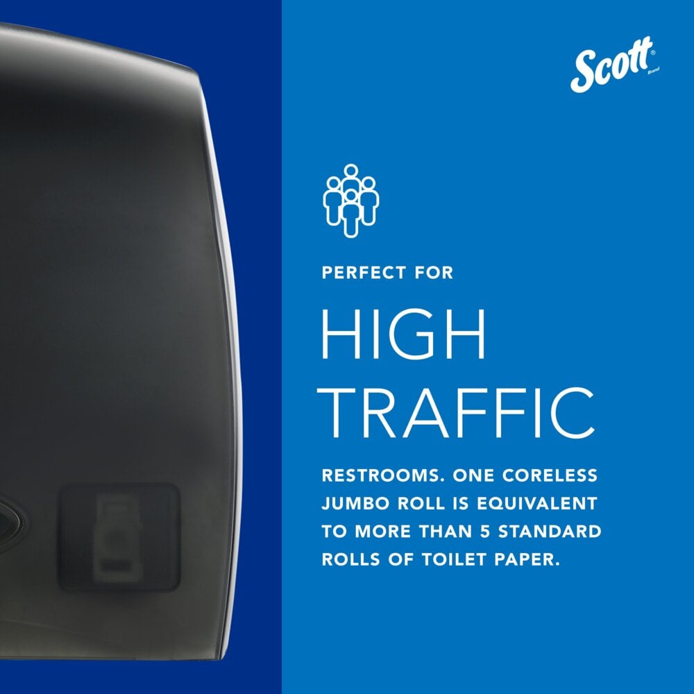 Scott® Essential™ Coreless Jumbo Roll Toilet Paper Dispenser (09602), with Stub Roll, Black, 14.25" x 9.75" x 6.00" (Qty 1) - 09602