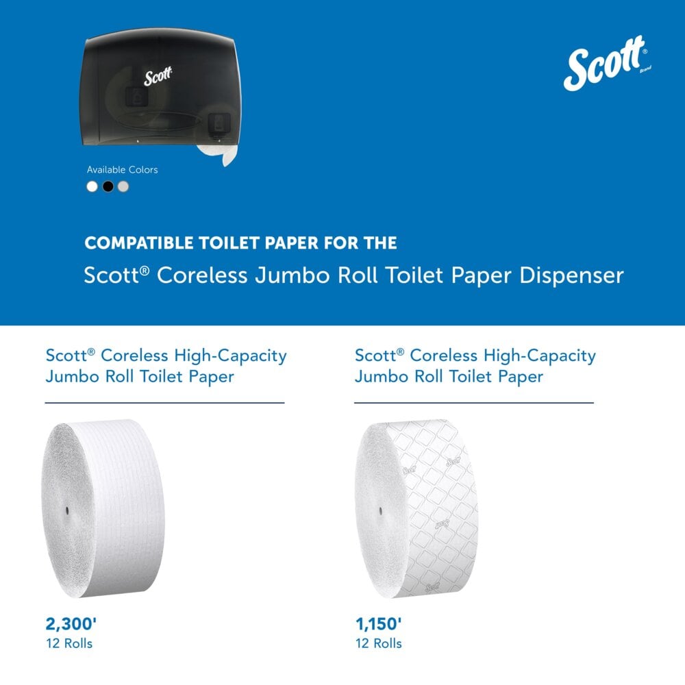 Scott® Essential™ Coreless Jumbo Roll Toilet Paper Dispenser (09602), with Stub Roll, Black, 14.25" x 9.75" x 6.00" (Qty 1) - 09602