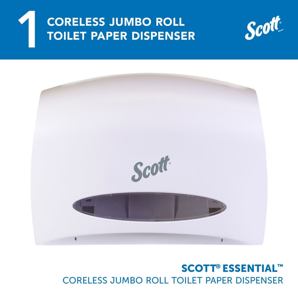 Scott® Essential™ Coreless Jumbo Roll Toilet Paper Dispenser (09603), with Stub Roll, White, 14.25" x 9.75" x 6.00" (Qty 1) - 09603