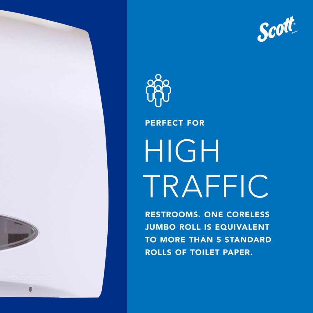 Scott® Essential™ Coreless Jumbo Roll Toilet Paper Dispenser (09603), with Stub Roll, White, 14.25" x 9.75" x 6.00" (Qty 1) - 09603